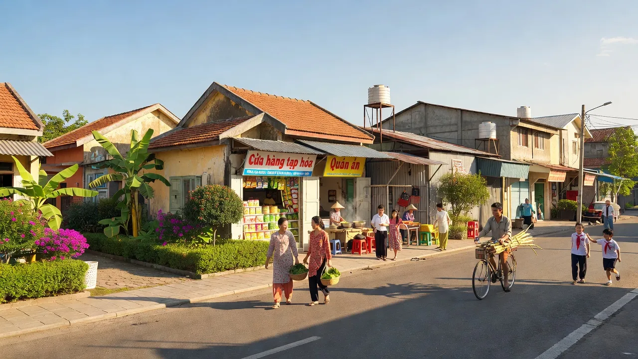 Khung cảnh sôi động ở Phường Đại Cương, Thị xã Kim Bảng, với sự kết hợp giữa nhà ở và công nghiệp.
