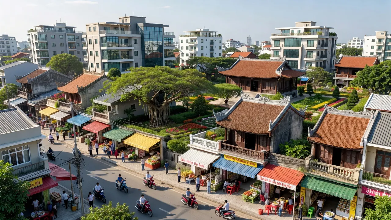 Khung cảnh đô thị phường Đồng Hóa, thị xã Kim Bảng, tỉnh Hà Nam với kiến trúc truyền thống, cây xanh và không khí sống động.