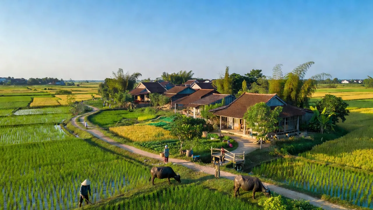 Khung cảnh làng Hoàng Tây, Thị xã Kim Bảng, tỉnh Hà Nam với đồng ruộng xanh tươi.