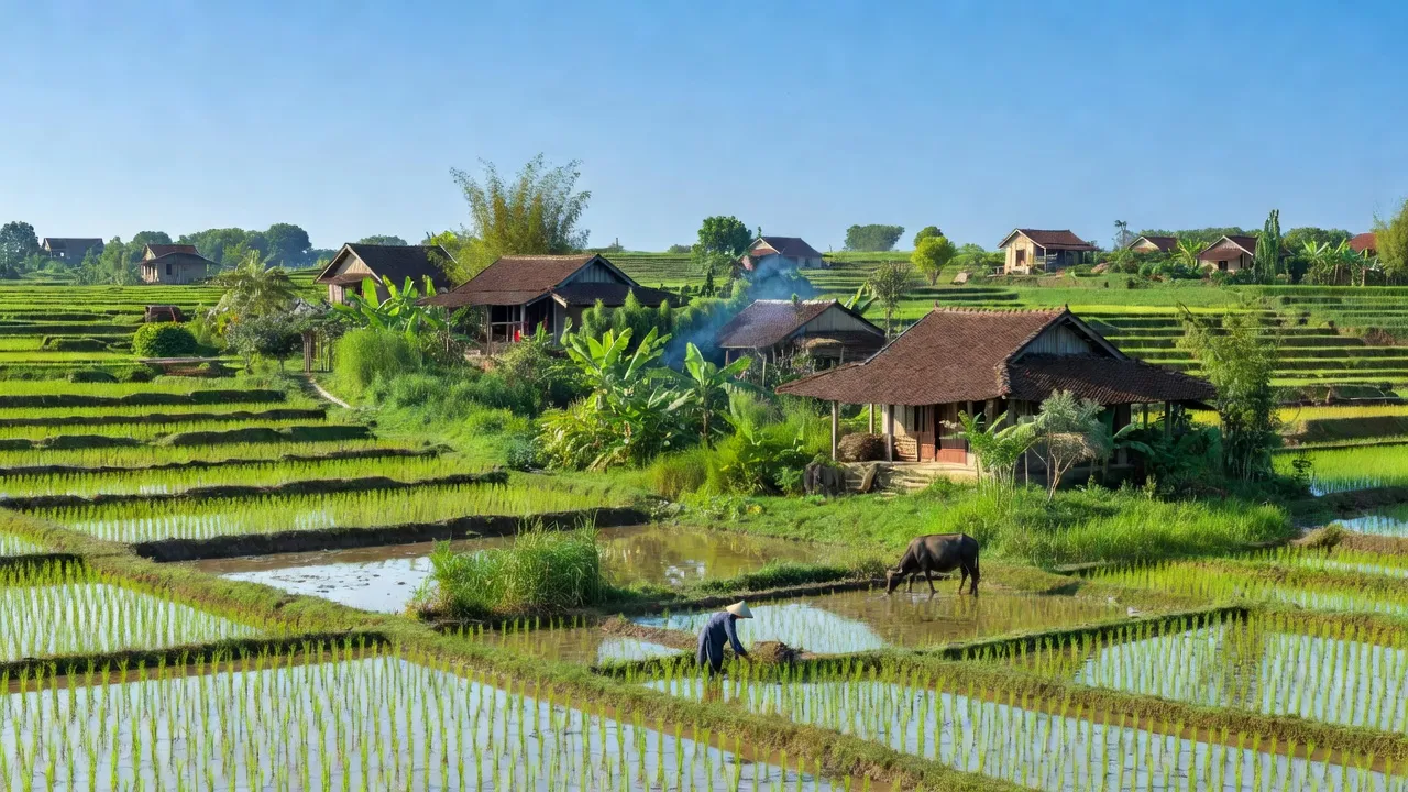 Cảnh đẹp Xã Liên Sơn, Thị xã Kim Bảng, tỉnh Hà Nam với ruộng bậc thang và nhà truyền thống.