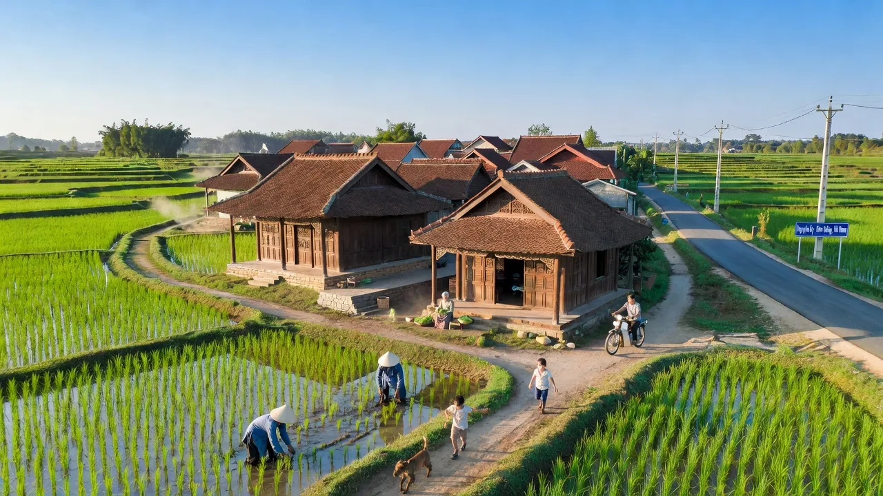 Cảnh làng Nguyễn Úy, Thị xã Kim Bảng, Hà Nam với nhà truyền thống và đồng xanh, thể hiện văn hóa địa phương.