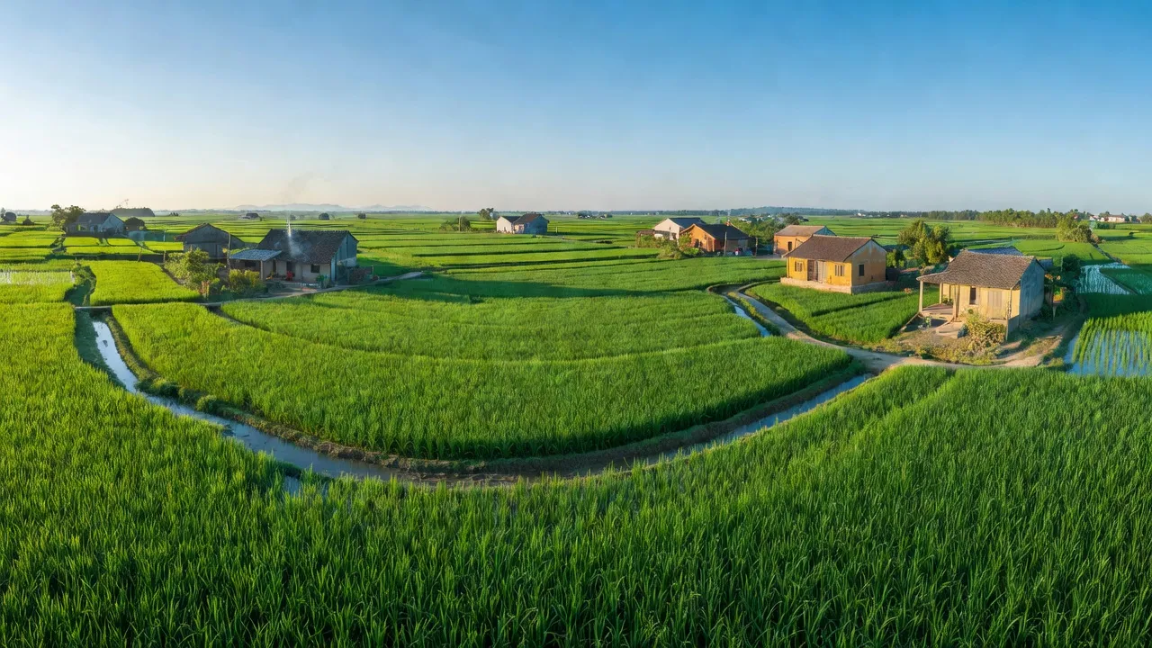 Khung cảnh bình dị của Phường Quế, Thị xã Kim Bảng, Hà Nam với cánh đồng xanh và nhà dân.