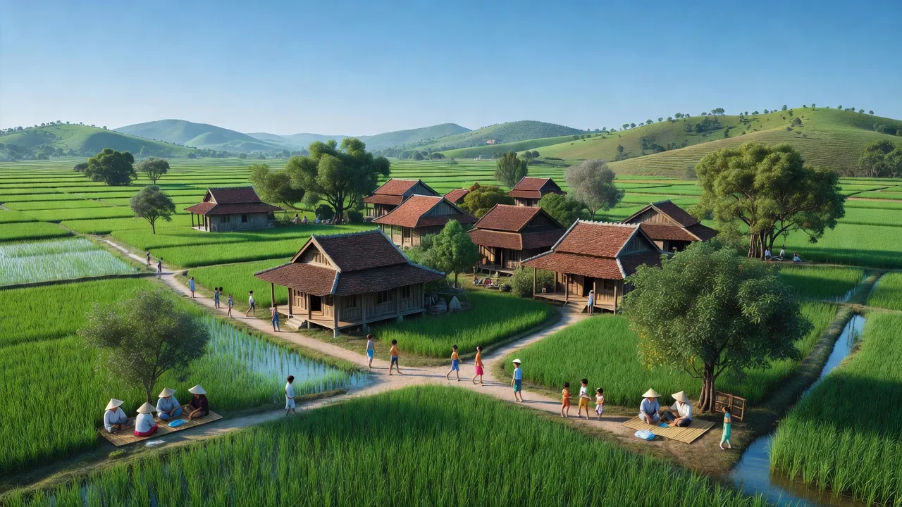 Cảnh đẹp phường Tân Sơn, thị xã Kim Bảng, tỉnh Hà Nam với nhà truyền thống và thiên nhiên xanh tươi.