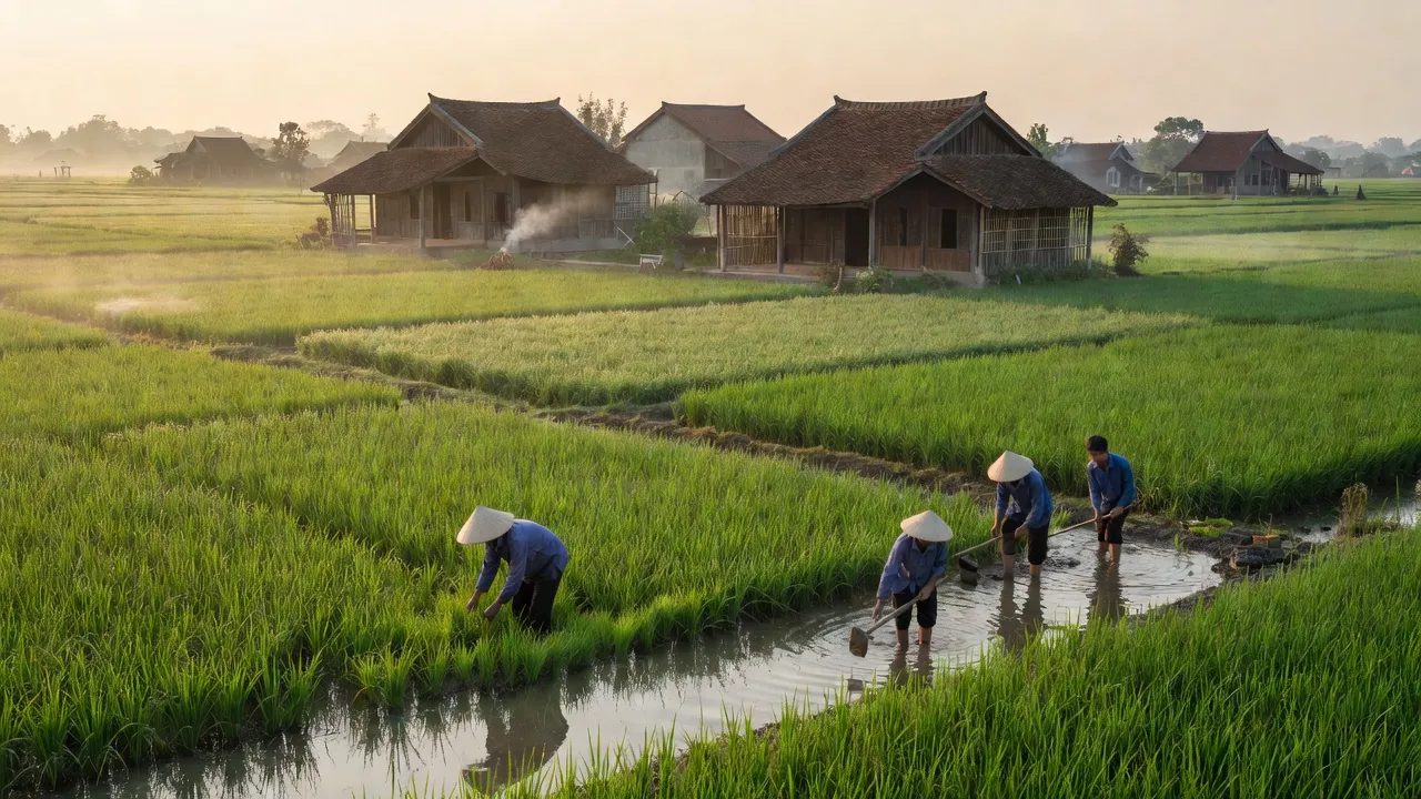 Cảnh đồng quê ở xã Thanh Sơn, Thị xã Kim Bảng, tỉnh Hà Nam với ánh sáng buổi sáng.