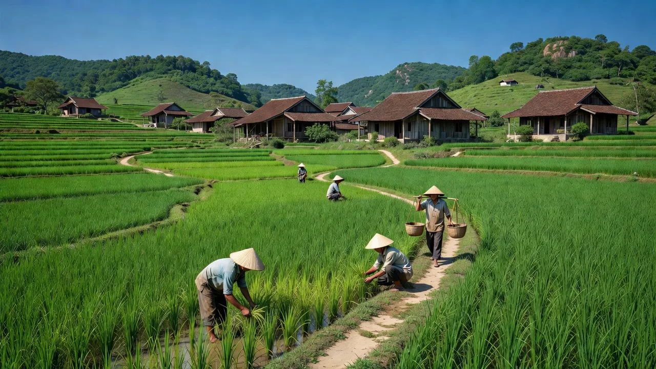 Khung cảnh yên bình tại xã Thanh Sơn, Thị xã Kim Bảng, tỉnh Hà Nam với đồng ruộng xanh tươi.