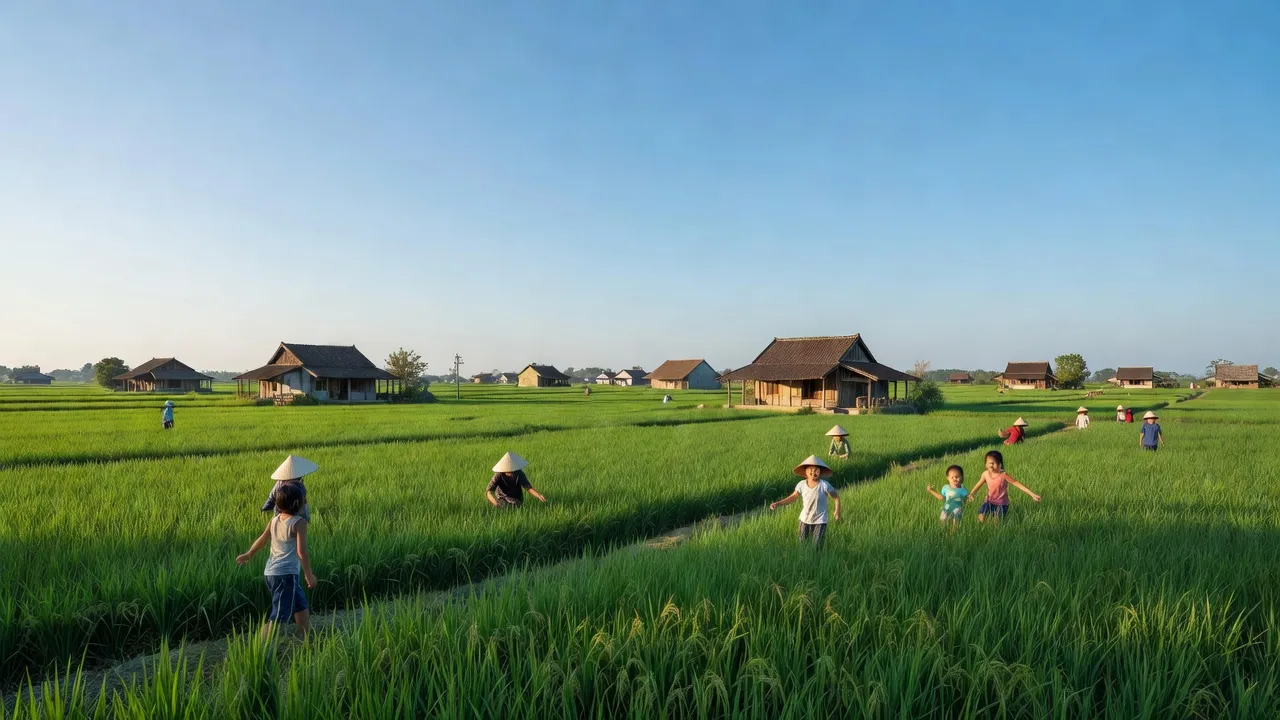 Cảnh sắc Phường Thi Sơn, Kim Bảng, Hà Nam với cánh đồng xanh, nhà truyền thống và cuộc sống yên bình.