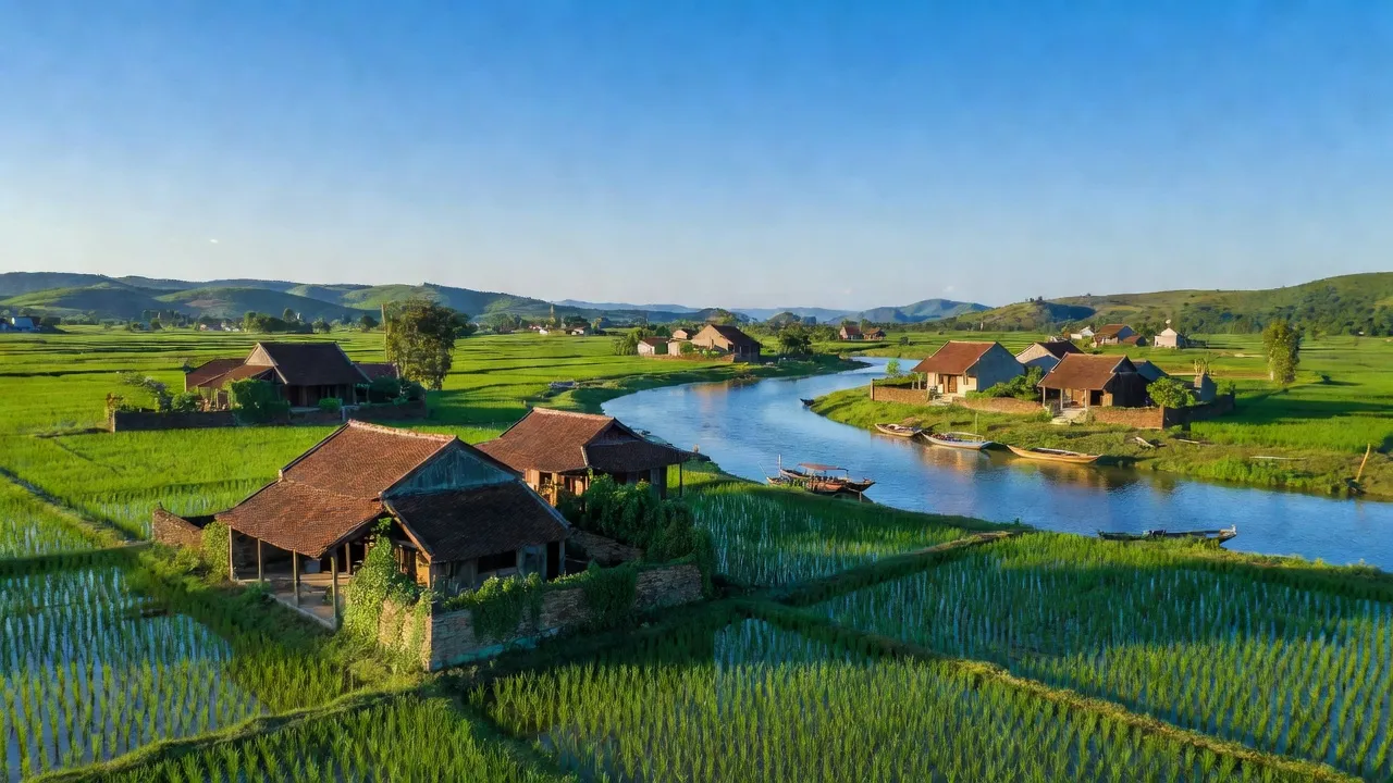 Vẻ đẹp phường Thi Sơn, Thị xã Kim Bảng, tỉnh Hà Nam với nhà truyền thống và sông nước.