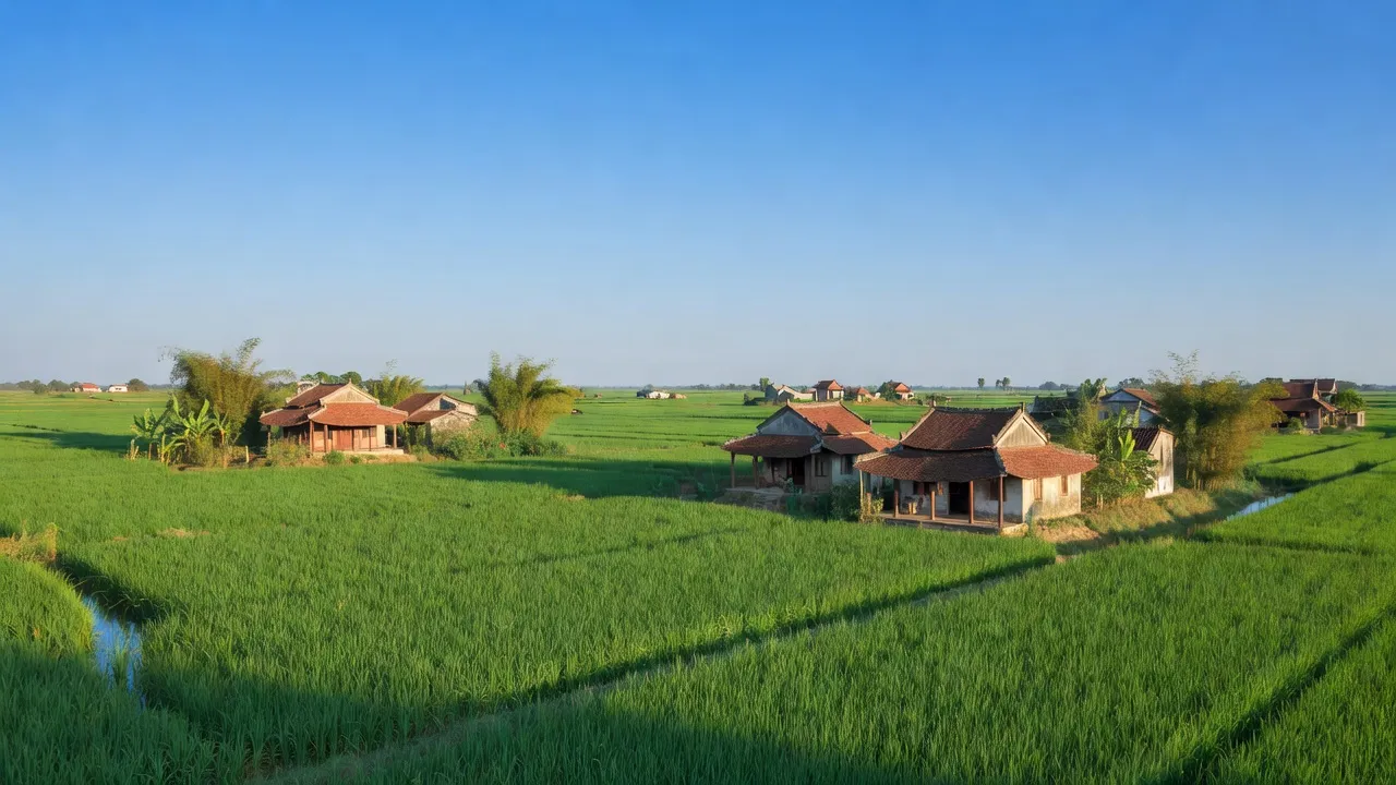 Khung cảnh yên bình xã Thụy Lôi, Kim Bảng, Hà Nam với đồng xanh và nhà truyền thống.