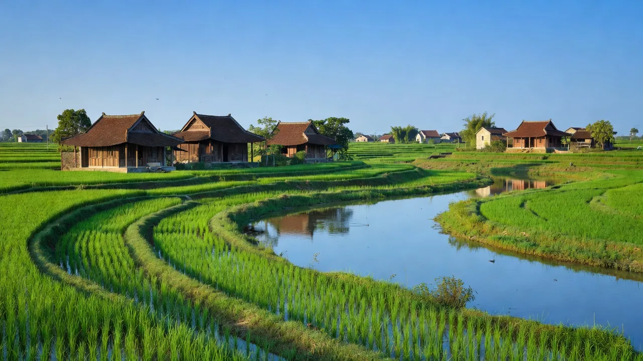 Khung cảnh yên bình xã Thụy Lôi, thị xã Kim Bảng, tỉnh Hà Nam với nhà truyền thống và cánh đồng lúa.