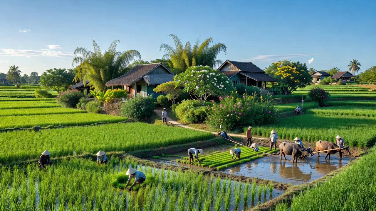Văn Xá, Kim Bảng, Hà Nam province with lush fields and traditional houses, showcasing rural life.