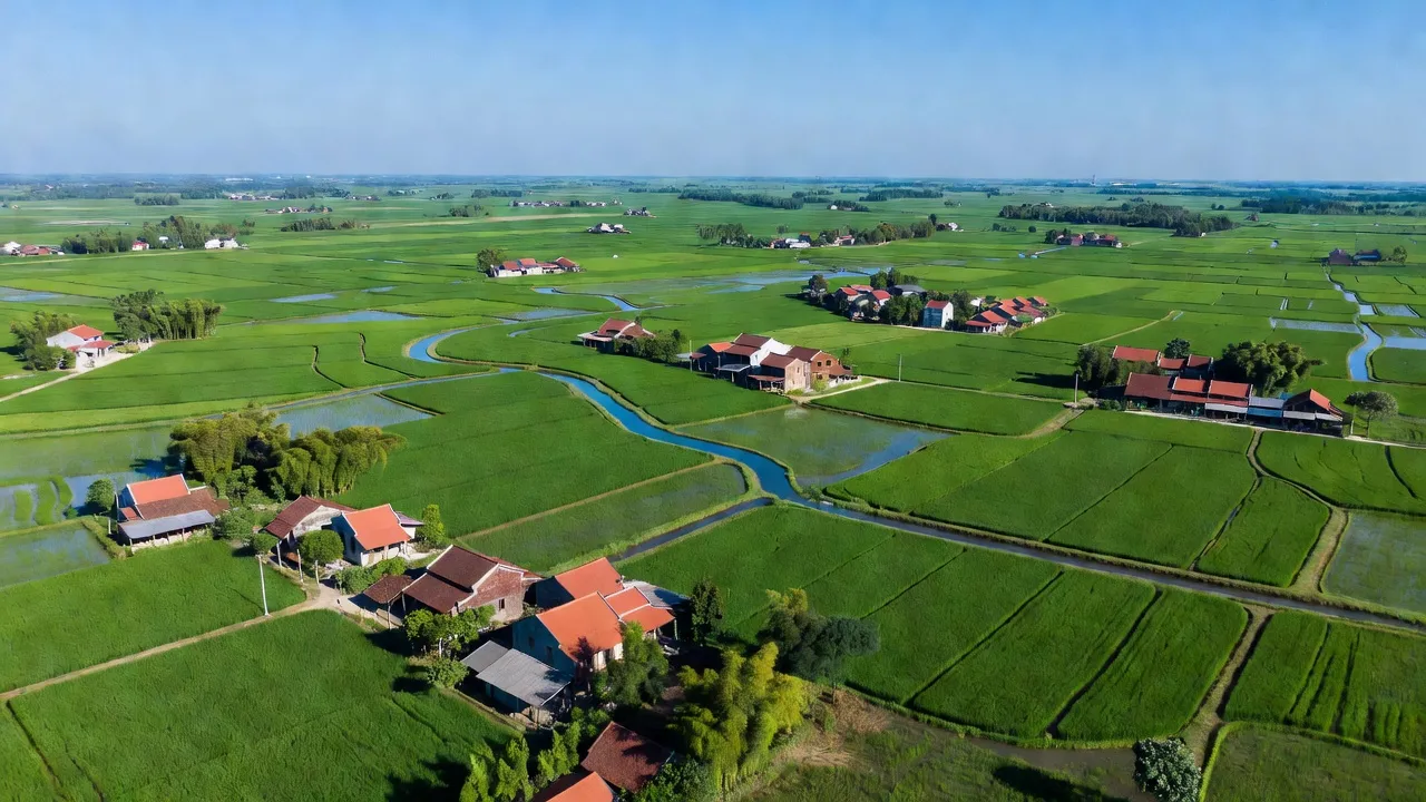 Huyện Lý Nhân, tỉnh Hà Nam với cánh đồng xanh và dòng sông uốn lượn, thể hiện vẻ đẹp tự nhiên.