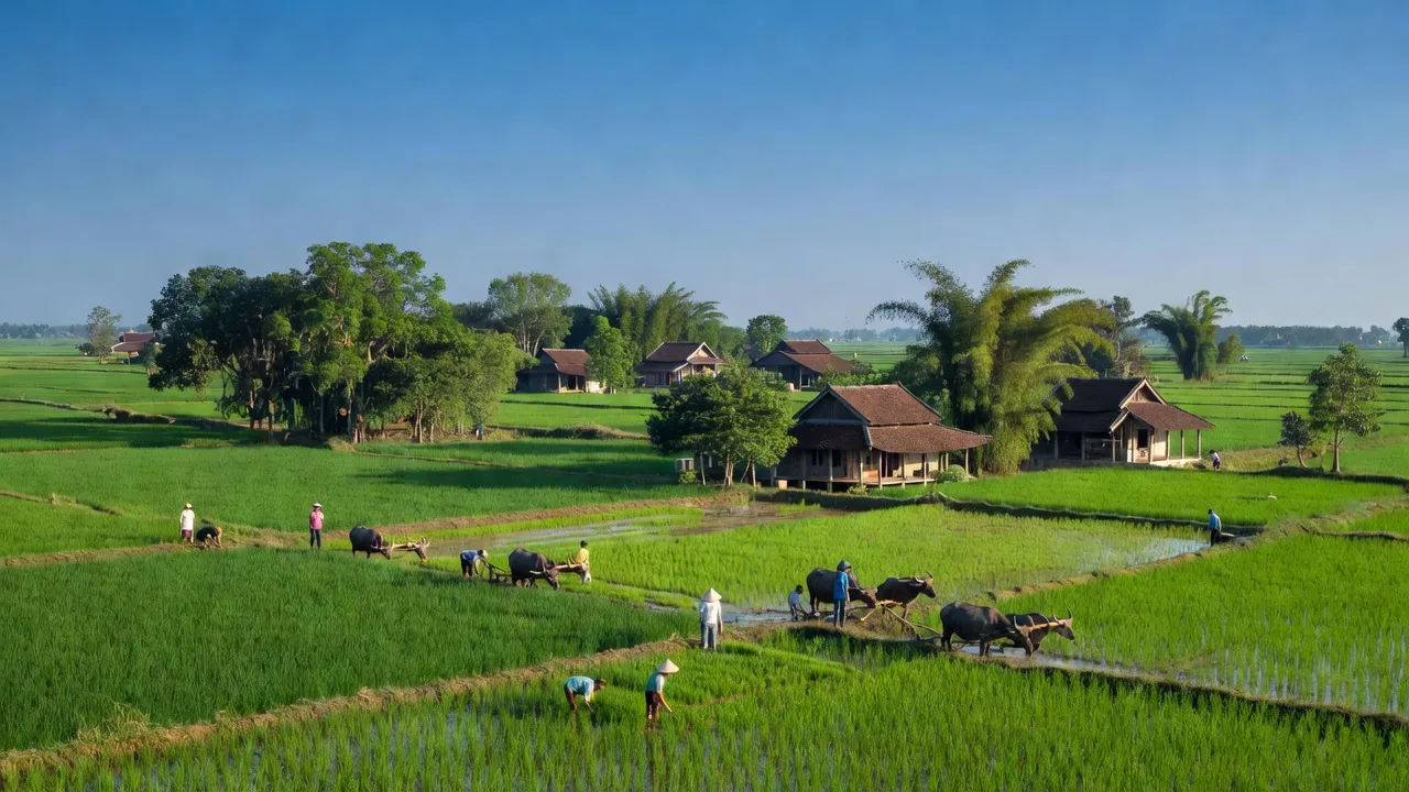 Cảnh quan xã Bắc Lý, huyện Lý Nhân, tỉnh Hà Nam, với cánh đồng xanh và bầu trời trong.