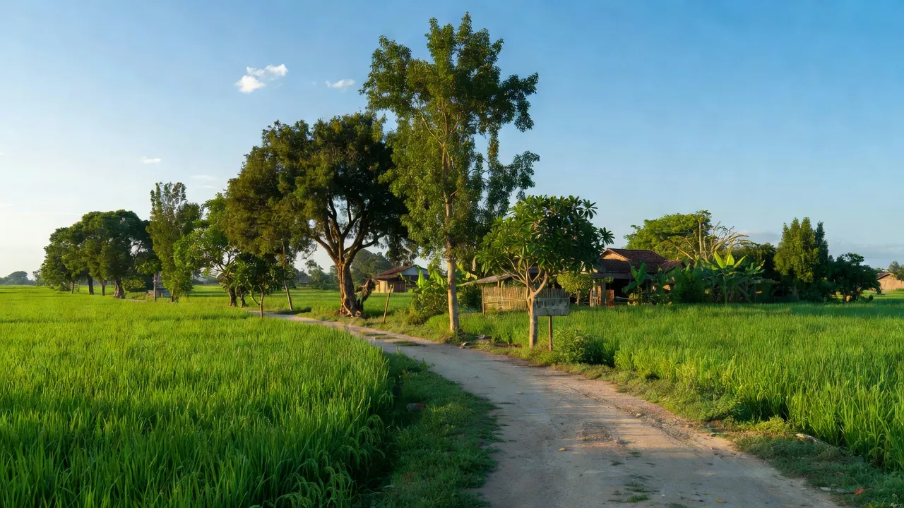 Cảnh đẹp ở xã Chân Lý, huyện Lý Nhân, tỉnh Hà Nam với cánh đồng xanh và bầu trời trong.