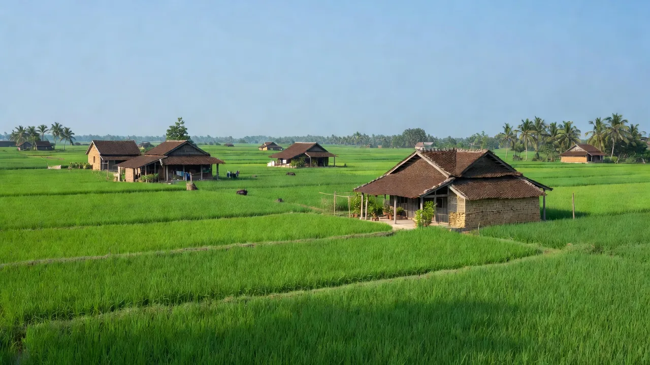 Cảnh đồng xanh và nhà truyền thống ở Xã Chân Lý, Huyện Lý Nhân, Tỉnh Hà Nam.