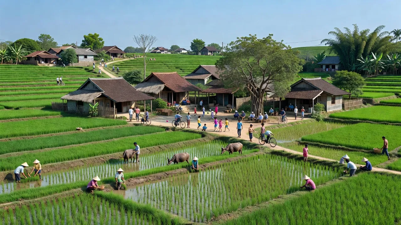 Quang cảnh xã Chính Lý, Lý Nhân, Hà Nam với cánh đồng xanh mướt và cuộc sống nông thôn