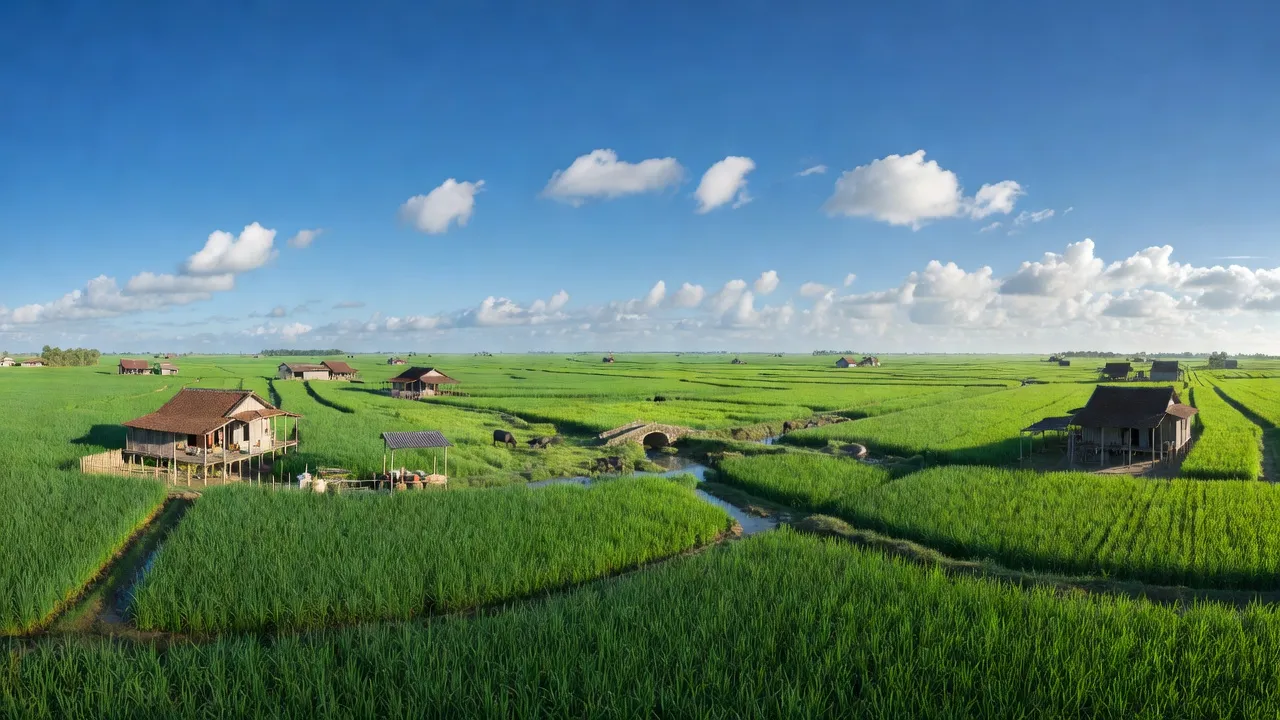 Cảnh đẹp xã Công Lý, Lý Nhân, Hà Nam với đồng lúa xanh mướt và bầu trời trong xanh.