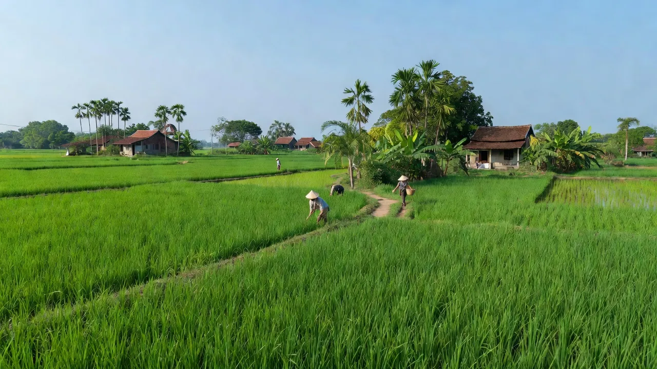 Cảnh đẹp xã Đạo Lý, huyện Lý Nhân, tỉnh Hà Nam với cánh đồng xanh và bầu trời trong.