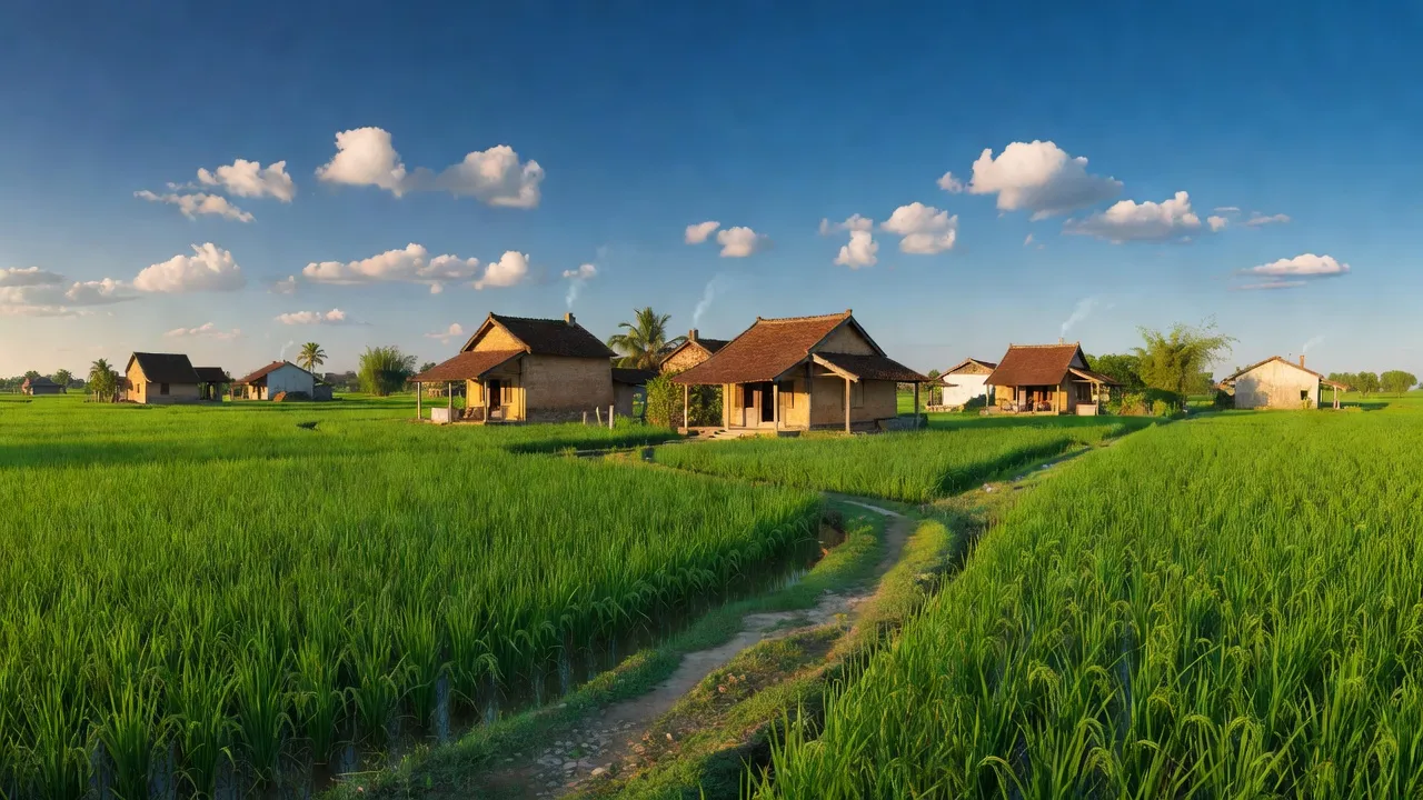 Xã Đạo Lý, Huyện Lý Nhân, tỉnh Hà Nam với ruộng lúa và nhà truyền thống Việt Nam, khung cảnh thanh bình.