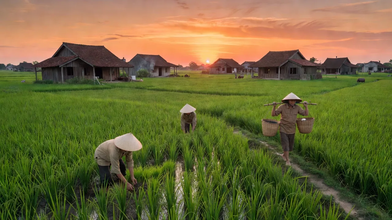 Cảnh nông thôn xã Hợp Lý, huyện Lý Nhân, tỉnh Hà Nam với cánh đồng xanh và nhà truyền thống.
