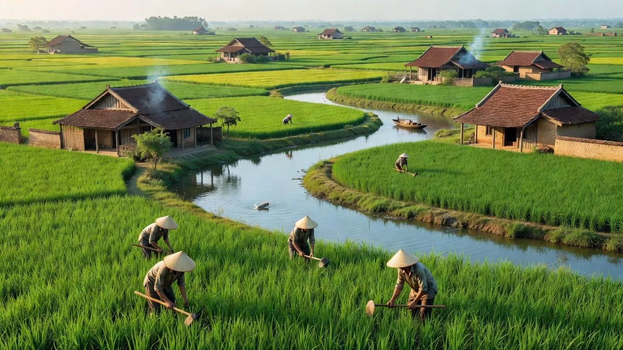Phong cảnh yên bình Xã Hợp Lý, huyện Lý Nhân, tỉnh Hà Nam với đồng ruộng xanh tươi và hoạt động nông nghiệp.