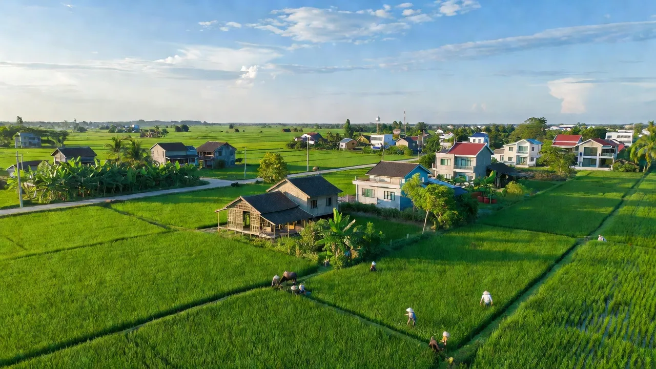 Cảnh đẹp Xã Nguyên Lý, Huyện Lý Nhân, Hà Nam với cánh đồng xanh và nhà truyền thống.