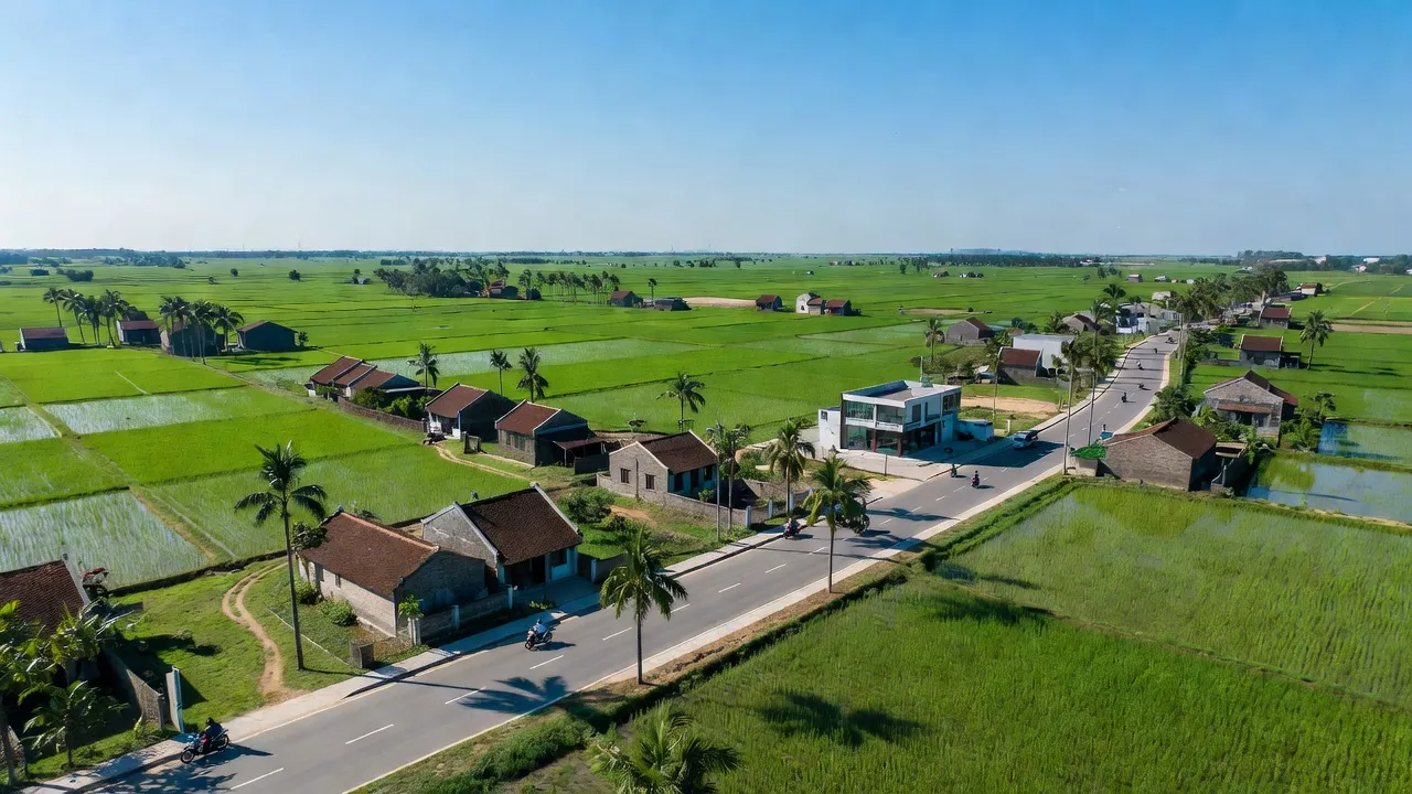 Khung cảnh xã Nguyên Lý, huyện Lý Nhân, tỉnh Hà Nam với nhà truyền thống và cánh đồng xanh.