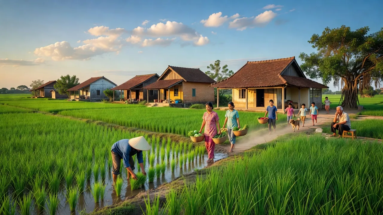 Cảnh đẹp xã Nhân Chính, huyện Lý Nhân, tỉnh Hà Nam với cánh đồng xanh và nhà truyền thống.