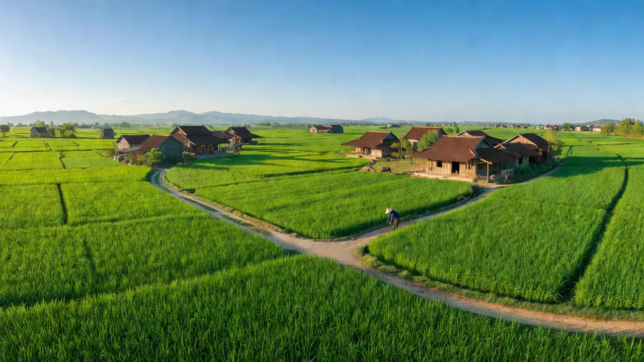 Cảnh đồng xanh và nhà truyền thống tại xã Nhân Khang, huyện Lý Nhân, tỉnh Hà Nam.