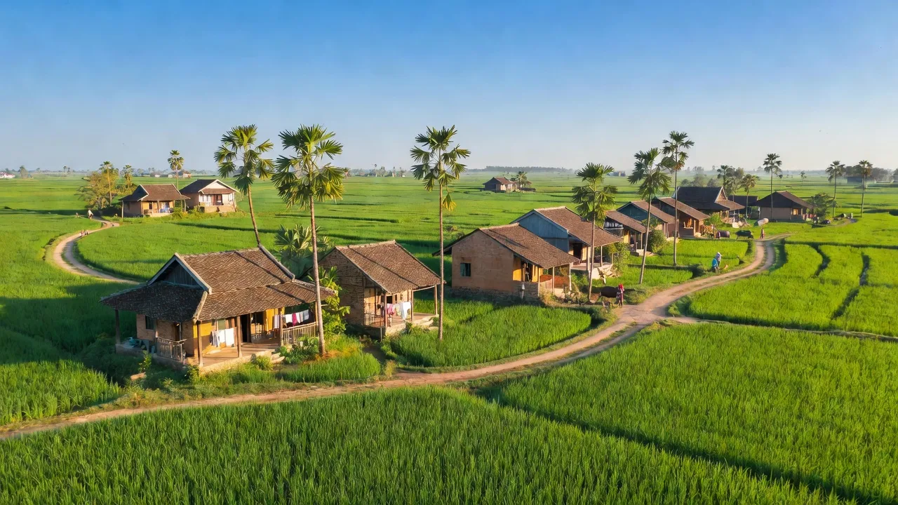 Khung cảnh xã Nhân Mỹ, huyện Lý Nhân, tỉnh Hà Nam với đồng xanh và nhà truyền thống.