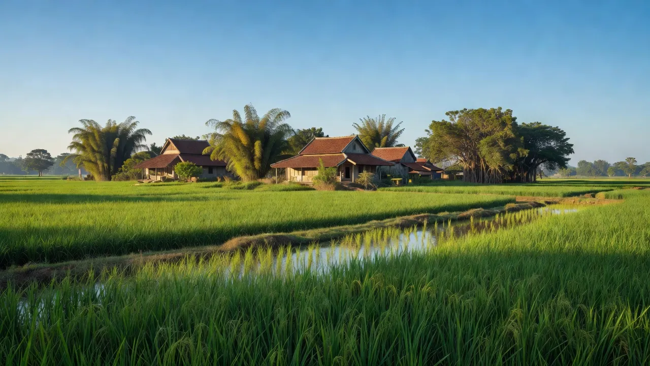 Khung cảnh yên bình của xã Nhân Mỹ, huyện Lý Nhân, tỉnh Hà Nam, với cánh đồng lúa và kiến trúc truyền thống.