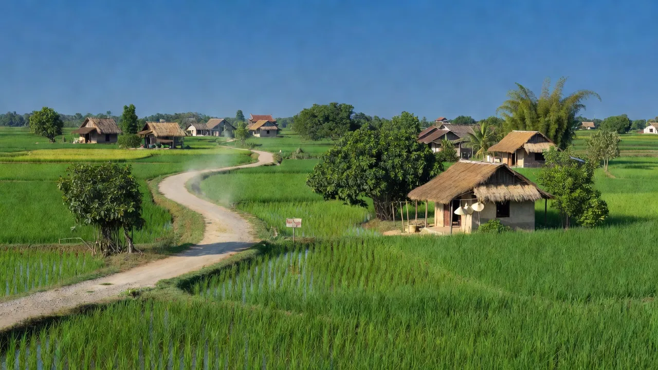 Cảnh đồng quê xã Nhân Nghĩa, huyện Lý Nhân, tỉnh Hà Nam với cánh đồng xanh, nhà truyền thống.