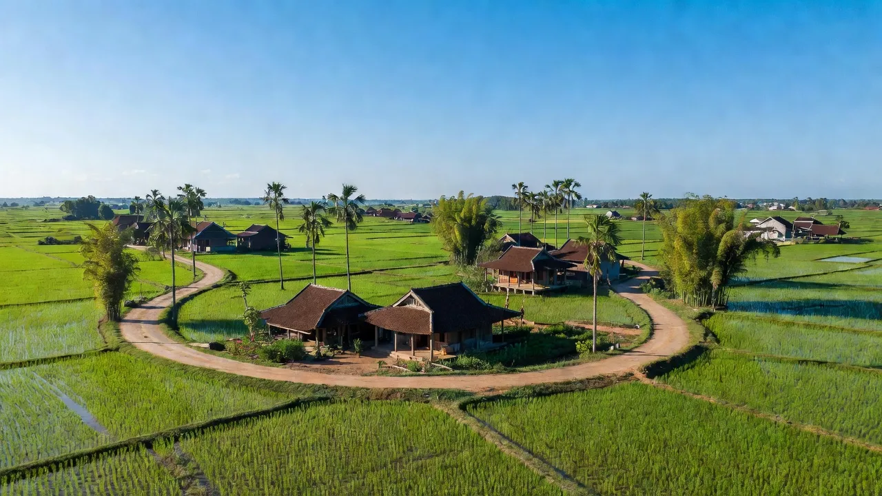 Khung cảnh làng Nhân Thịnh, huyện Lý Nhân, tỉnh Hà Nam với đồng ruộng xanh tươi và nhà truyền thống.