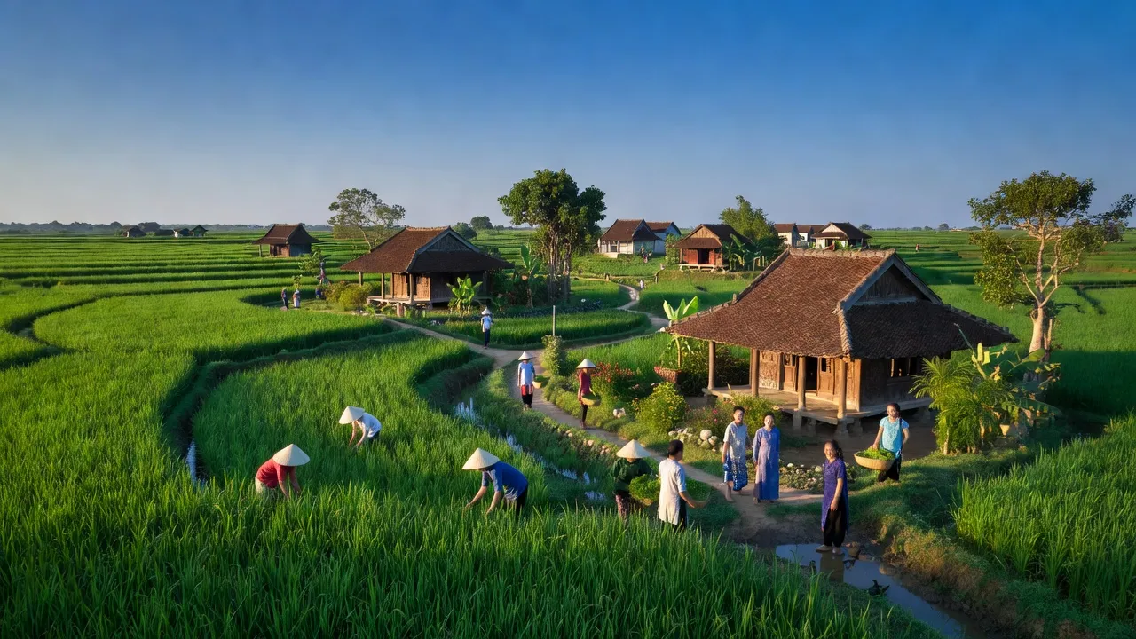 Cảnh quan nông thôn Xã Phú Phúc, huyện Lý Nhân, tỉnh Hà Nam với cánh đồng lúa xanh tươi.