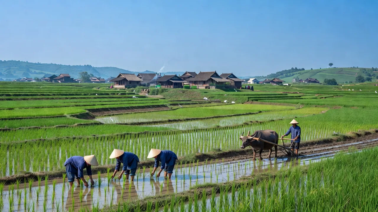 Khung cảnh bình yên tại xã Tiến Thắng, huyện Lý Nhân, Hà Nam với cánh đồng xanh.