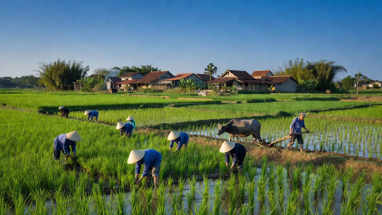 Khung cảnh xã Tiến Thắng, huyện Lý Nhân, tỉnh Hà Nam với cánh đồng xanh tươi và nhà truyền thống.