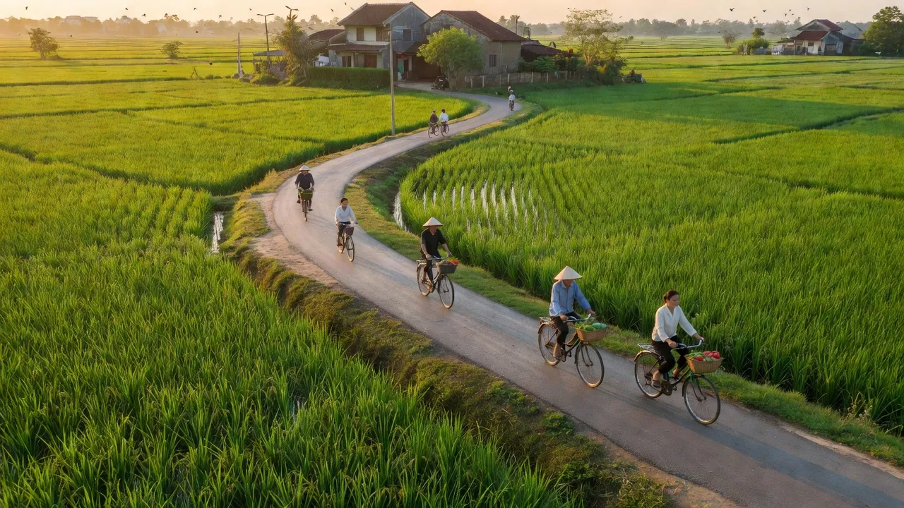 Cảnh thiên nhiên tại xã Văn Lý, huyện Lý Nhân, tỉnh Hà Nam với cánh đồng lúa và đường giao thông.
