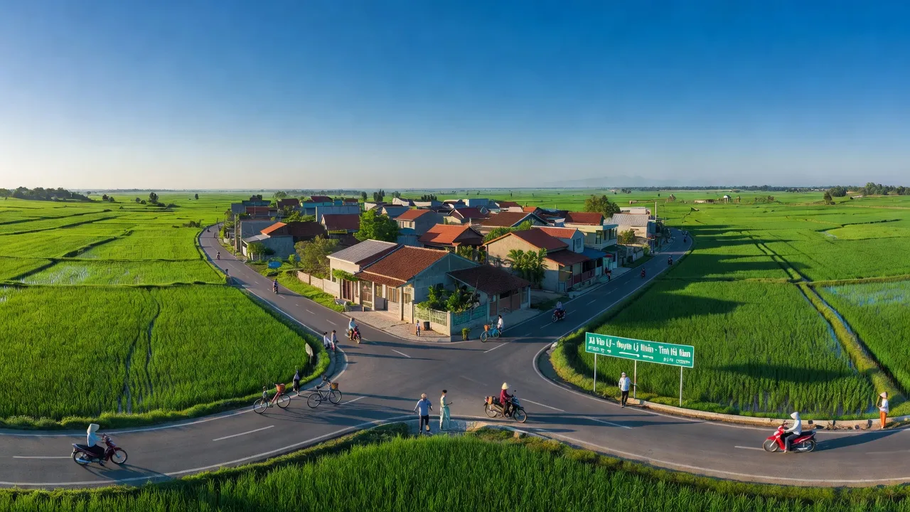 Khung cảnh Xã Văn Lý, huyện Lý Nhân, tỉnh Hà Nam với cánh đồng xanh và đường giao thông.