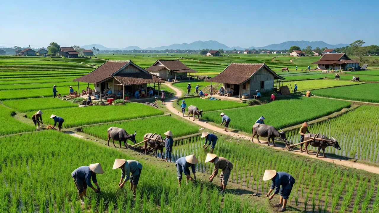 Cảnh quan tươi đẹp xã Xuân Khê, huyện Lý Nhân, tỉnh Hà Nam với đồng ruộng và nhà dân.