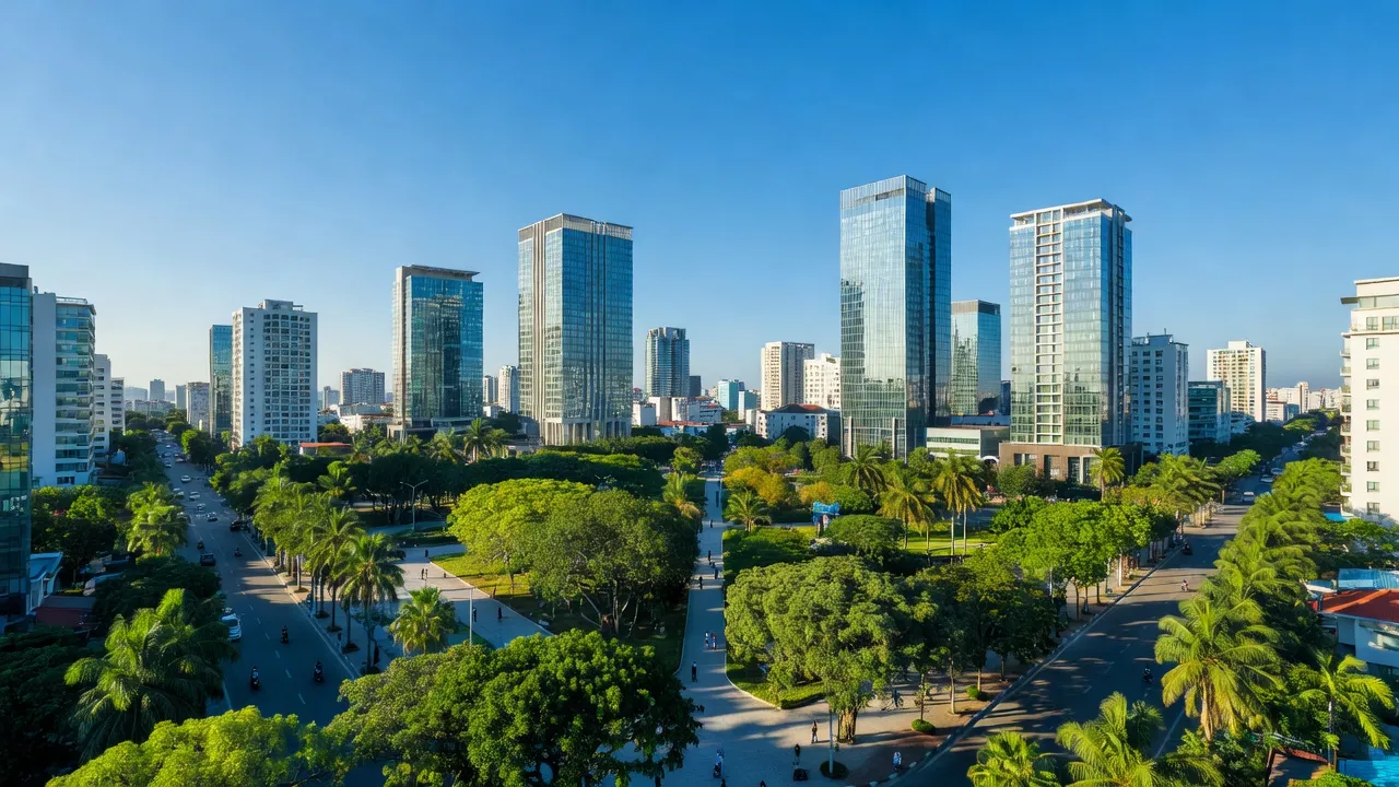 Cảnh quan thành phố Phủ Lý, Hà Nam với kiến trúc hiện đại và cây xanh, bầu trời trong xanh.