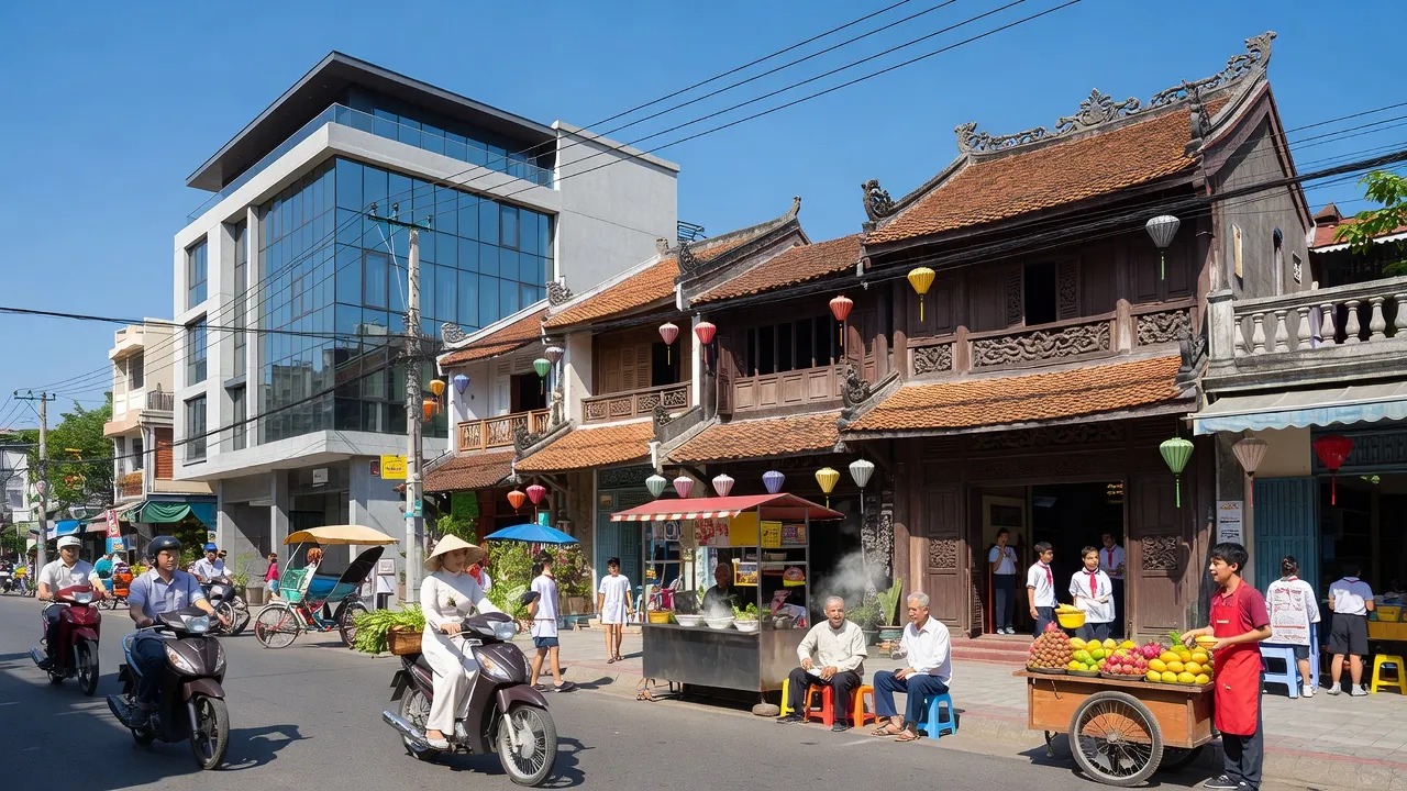 Phường Châu Cầu, thành phố Phủ Lý, tỉnh Hà Nam, với kiến trúc hiện đại và hoạt động địa phương sôi nổi.