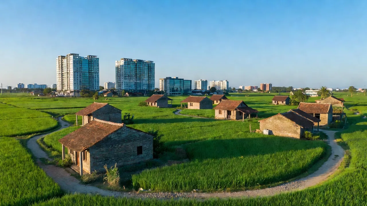 Khung cảnh yên bình xã Kim Bình, Phủ Lý, Hà Nam với nhà truyền thống và cánh đồng xanh.