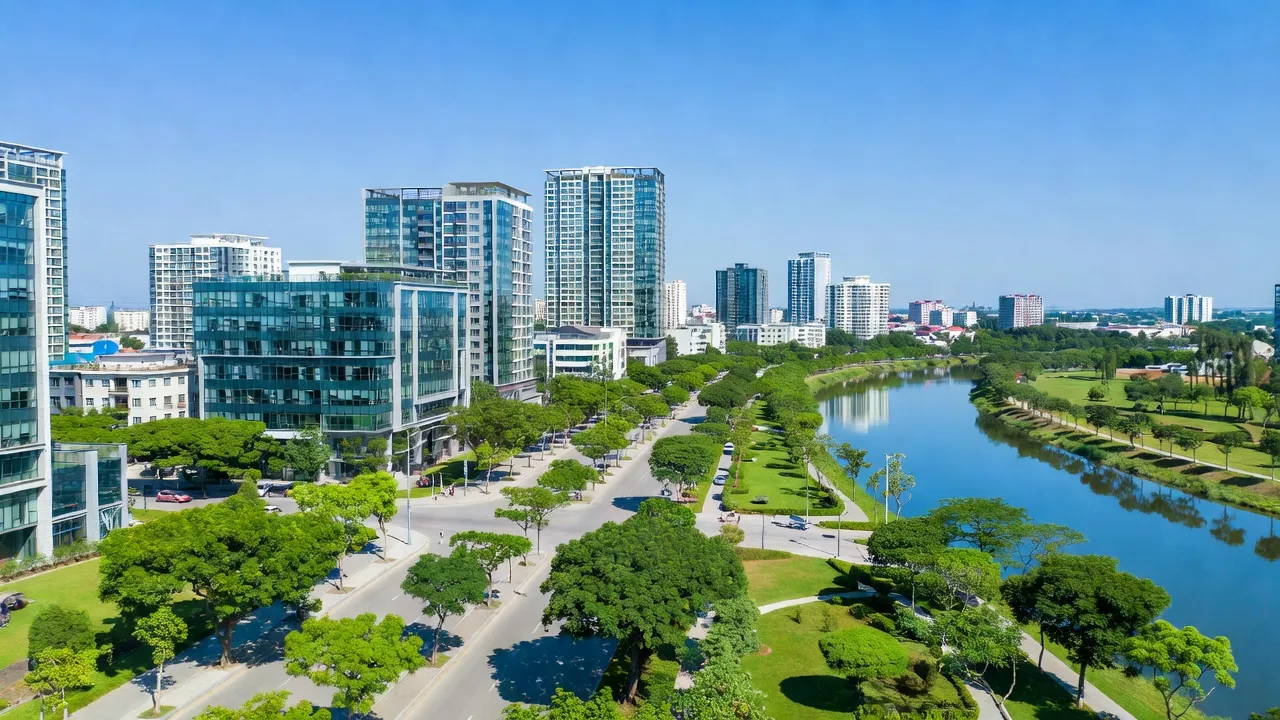 Khung cảnh phường Lê Hồng Phong, Thành phố Phủ Lý, Hà Nam với sông và khu đô thị hiện đại.