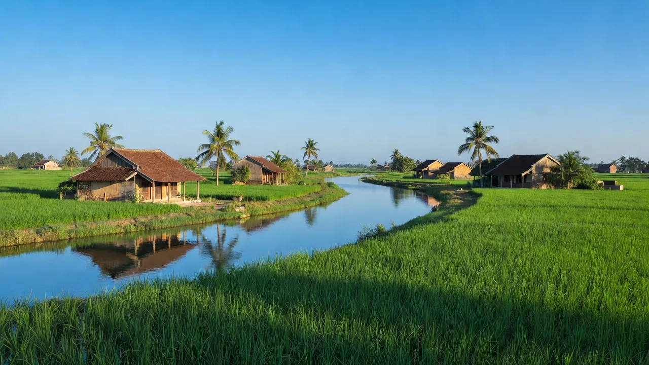 Khung cảnh làng Phù Vân, tỉnh Hà Nam với đồng xanh và sông Đáy, thể hiện cuộc sống nông thôn.