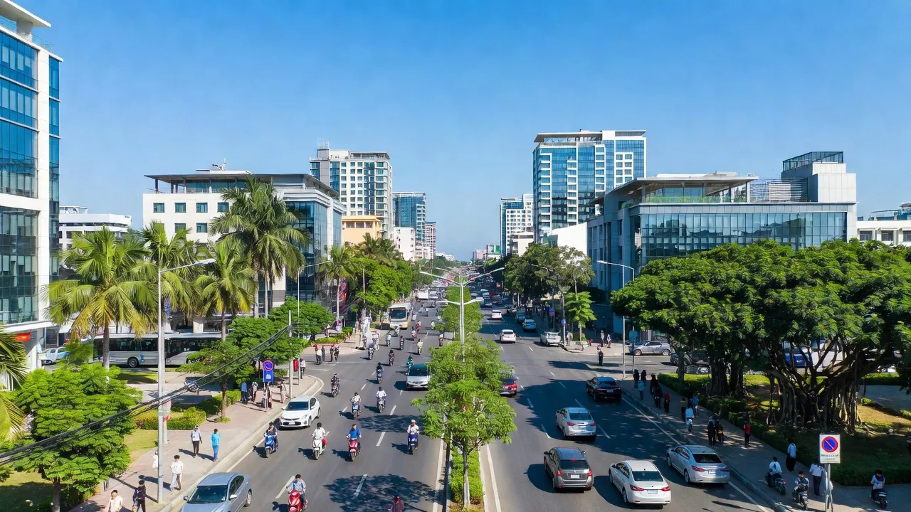 Khung cảnh thành phố Phủ Lý, tỉnh Hà Nam, với nhà cửa hiện đại và không gian xanh tươi.