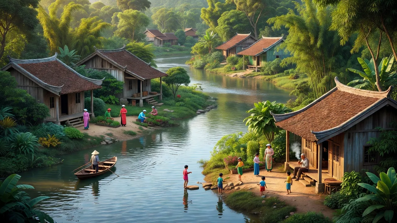 Cảnh quan Phường Thanh Tuyền, Thành phố Phủ Lý với sông Châu và Đáy, nhà truyền thống Việt Nam.