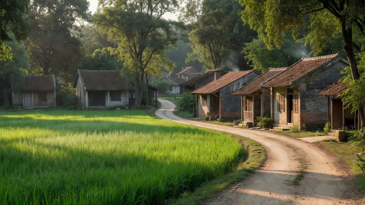 Cảnh quan nông thôn Trịnh Xá, Phủ Lý, Hà Nam với cánh đồng xanh và ánh sáng mặt trời.