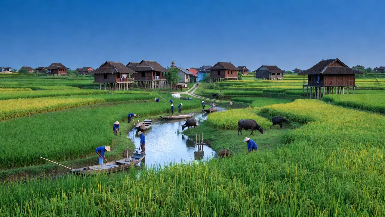 Khung cảnh huyện Thanh Liêm, tỉnh Hà Nam với ruộng lúa xanh và sông Đáy, tuyệt đẹp và yên bình.
