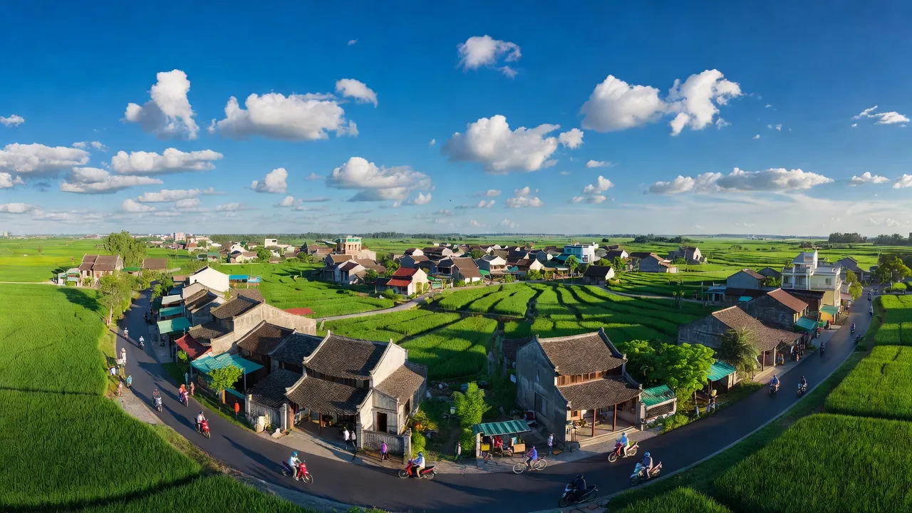 Cảnh quan thị trấn Kiện Khê, Huyện Thanh Liêm, Tỉnh Hà Nam với nhà cửa và đồng ruộng.