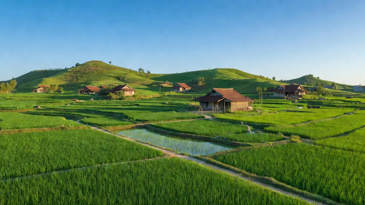 Khung cảnh Liêm Cần, huyện Thanh Liêm, Hà Nam với đồng xanh, nhà truyền thống, và bầu trời trong xanh.