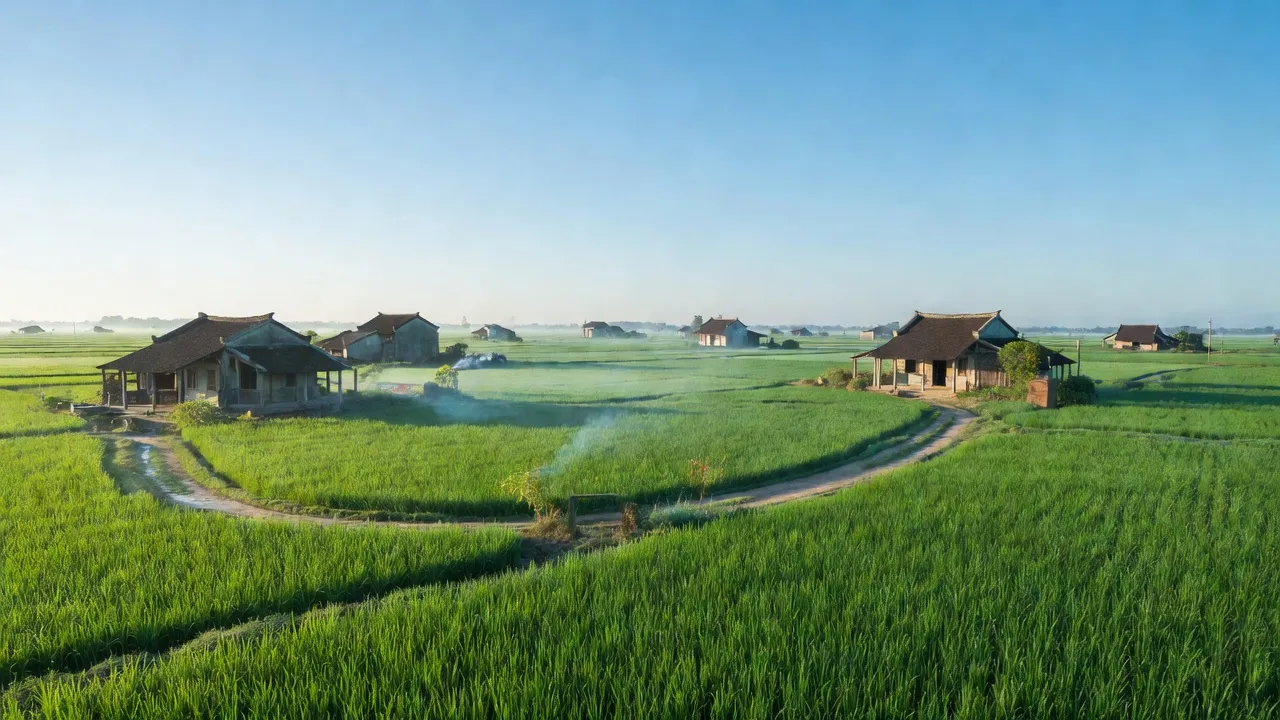 Khung cảnh nông thôn xã Liêm Phong, huyện Thanh Liêm, tỉnh Hà Nam với cánh đồng và nhà cửa truyền thống.